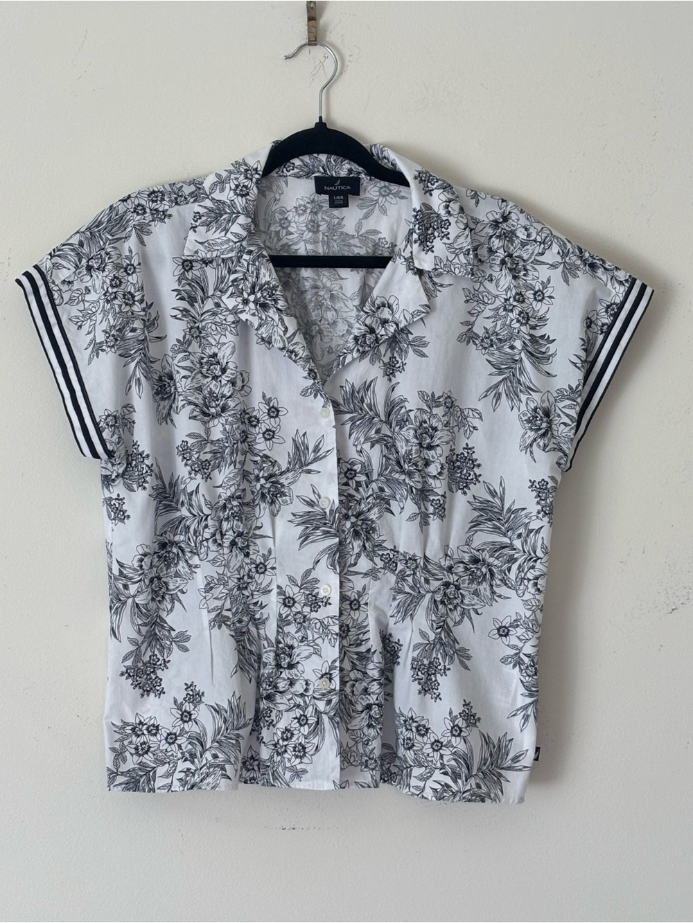 Nautica WhimsyCotton Navy & White Floral Cinched Waist Button-Up Camp Shirt Sz L